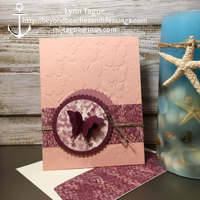 StampinUp CAS All Occassion Card made with Blooms & Bliss Designer Series Paper (DSP), Layering Circles Thinlits, Fluttering TIEF and Elegant Butterfly Punch, designed by demo Lynn Tague. See more cards and gifts ideas at BeyondBeachesandBlessings.com #BeyondBeachesandBlessings #PPA312