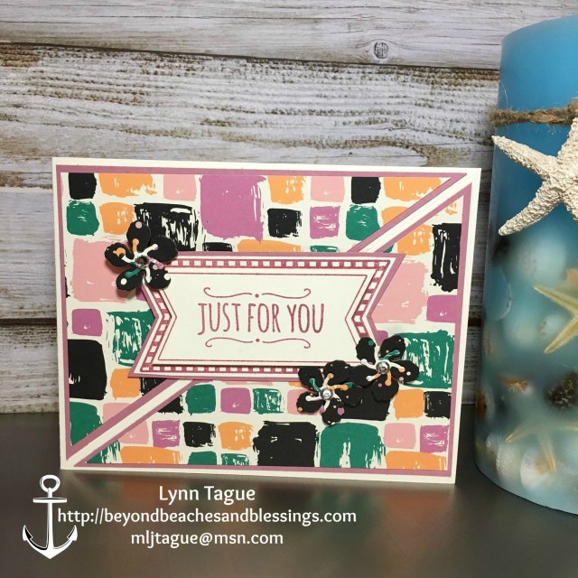 StampinUp CAS Birthday Card made with Playful Palette Designer Series Paper (DSP), Botanical Builder Framelits, You're So Sweet stamp set, and Mini Treat Bag Thinlits, designed by demo Lynn Tague. See more cards and gifts ideas at BeyondBeachesandBlessings.com #BeyondBeachesandBlessings