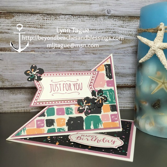 StampinUp CAS Birthday Card made with Playful Palette Designer Series Paper (DSP), Botanical Builder Framelits, You're So Sweet stamp set, Mini Treat Bag Thinlits, Rose Wonder stamp set, and Rose Garden Thinlits, designed by demo Lynn Tague. See more cards and gifts ideas at BeyondBeachesandBlessings.com #BeyondBeachesandBlessings