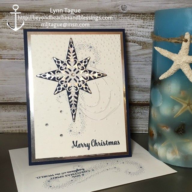 StampinUp CAS Christmas Card made with Star of Light stamp set, Starlight Thinlit Dies, Softly Falling TIEF and Silver Foil Sheets, designed by demo Lynn Tague. See more cards and gift ideas at BeyondBeachesandBlessings.com #BeyondBeachesandBlessings