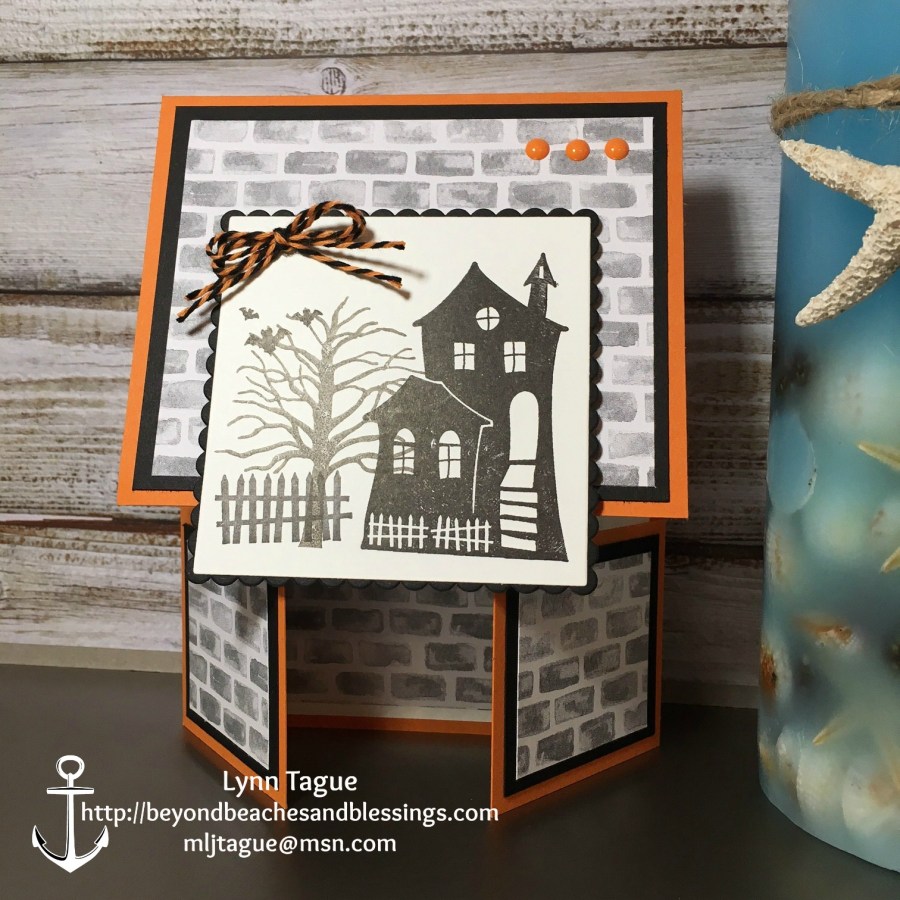 StampinUp Double Dutch Fold Halloween Card made with Halloween Scares and Spooky Fun stamp sets, Layering Squares Framelits, Halloween Night Specialty DSP, designed by demo Lynn Tague. See more cards and gift ideas at BeyondBeachesandBlessings.com #BeyondBeachesandBlessings