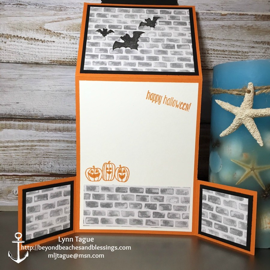 StampinUp Double Dutch Fold Halloween Card made with Halloween Scares and Spooky Fun stamp sets, Layering Squares Framelits, Halloween Night Specialty DSP, designed by demo Lynn Tague. See more cards and gift ideas at BeyondBeachesandBlessings.com #BeyondBeachesandBlessings