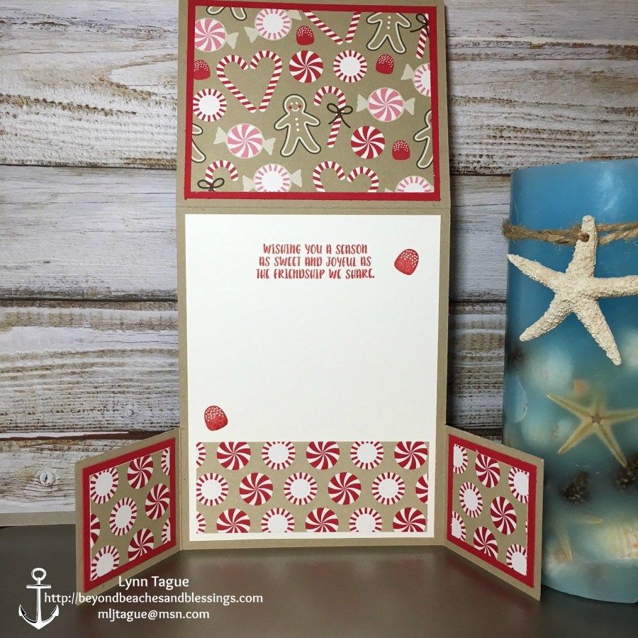 StampinUp Double Dutch Fold Christmas Card made with Cookie Cutter Christmas stamp set, Layering Circles Framelits, Candy Cane Lane DSP, Delicate White Doilies designed by demo Lynn Tague. See more cards and gift ideas at BeyondBeachesandBlessings.com #BeyondBeachesandBlessings