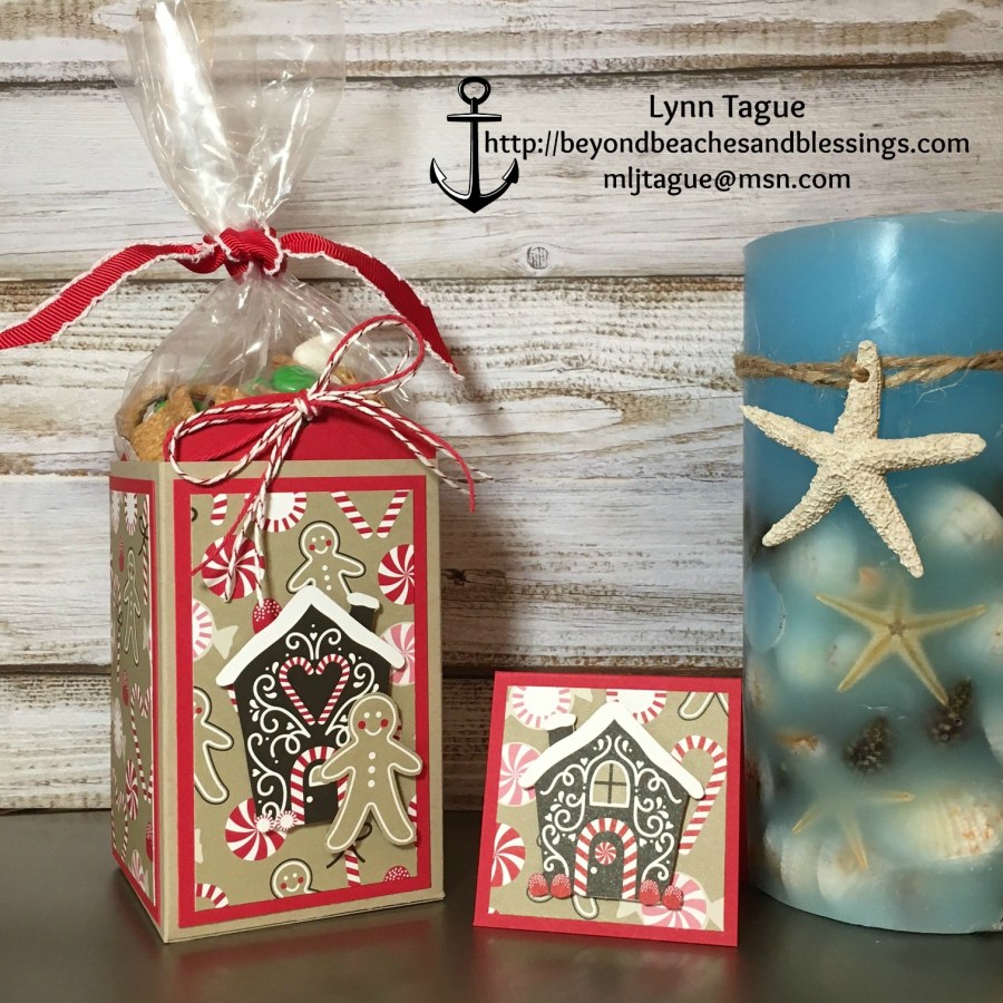 StampinUp Christmas 3D Snack and Gift Card Holder made with Candy Cane Lane DSP, Candy Cane Christmas stamp set, Stitched Shape Framelits, designed by demo Lynn Tague. See more cards and gift ideas at BeyondBeachesandBlessings.com #BeyondBeachesandBlessings