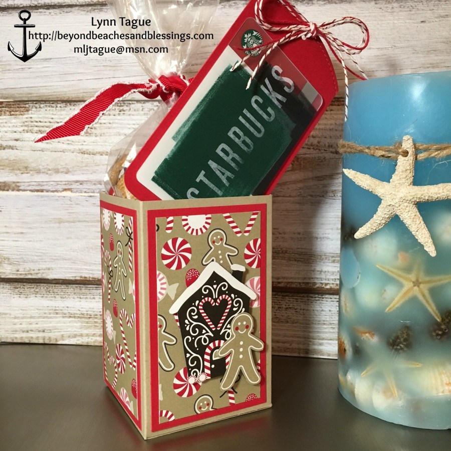 StampinUp Christmas 3D Snack and Gift Card Holder made with Candy Cane Lane DSP, Candy Cane Christmas stamp set, Stitched Shape Framelits, designed by demo Lynn Tague. See more cards and gift ideas at BeyondBeachesandBlessings.com #BeyondBeachesandBlessings
