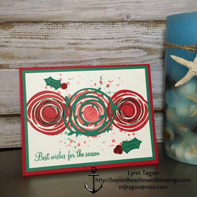 StampinUp Christmas Card made with Swirly Bird and Holly Berry Happiness stamp sets, Swirly Scribbles Thinlits, designed by demo Lynn Tague. See more cards and gift ideas at BeyondBeachesandBlessings.com #BeyondBeachesandBlessings