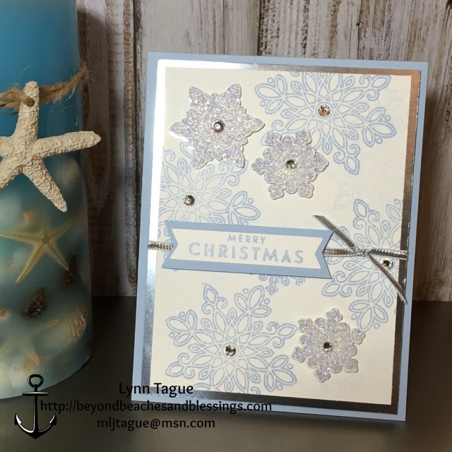 StampinUp Christmas Card made with Flurry of Wishes stamp set, Snow Flurry Punch, Silver Foil Sheets, Dazzling Diamond Glimmer Paper, Rhinestones, designed by demo Lynn Tague. See more cards and gift ideas at BeyondBeachesandBlessings.com #BeyondBeachesandBlessings