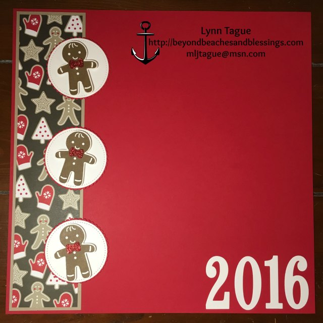 StampinUp Christmas Scrapbook Page made with Candy Cane Lane DSP, Cookie Cutter Christmas stamp set, Stitched Shape Framelits, Large Number Framelits, designed by demo Lynn Tague. See more cards and gift ideas at BeyondBeachesandBlessings.com #BeyondBeachesandBlessings