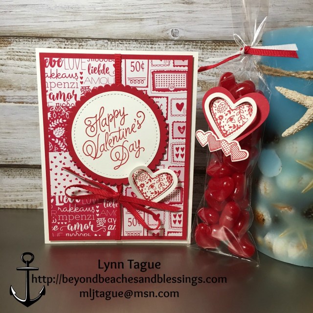 Stampin Up, Valentine Card, Cinnamon Hearts Treat Bag, Sealed With Love Bundle, Layering Circles Framelits, Layering Squares Framelits, Stitched Shapes Framelits, designed by Demo Lynn Tague, See more cards and gifts ideas at BeyondBeachesandBlessings.com #BeyondBeachesandBlessings