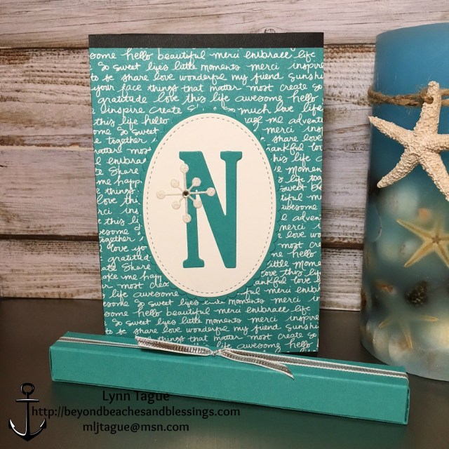 StampinUp, CAS, Note Pad with Pen, made with Bermuda Bay Designer Series Paper DSP, Stitched Framelits, Layering Oval Framelits, Large Letters Framelits, designed by demo Lynn Tague. See more cards and gift ideas at BeyondBeachesandBlessings.com #BeyondBeachesandBlessings