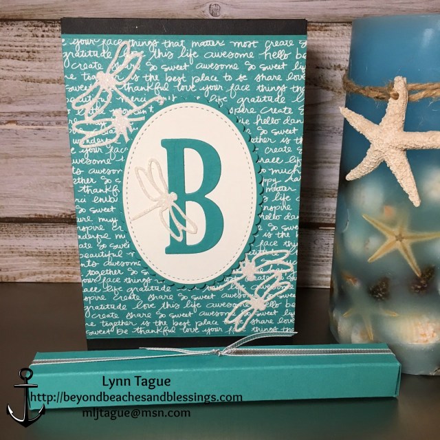 StampinUp, CAS, Note Pad with Pen, made with Detailed Dragonfly Thinlits Dies, Bermuda Bay Designer Series Paper DSP, Stitched Framelits, Layering Oval Framelits, Large Letters Framelits, designed by demo Lynn Tague. See more cards and gift ideas at BeyondBeachesandBlessings.com #BeyondBeachesandBlessings