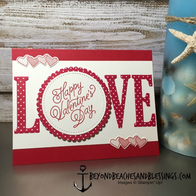 Stampin Up, CAS, Valentine Card, Sealed With Love Bundle, Layering Circles Framelits, Stitched Shapes Framelits, Large Letters Framelits, designed by Demo Lynn Tague, See more cards and gifts ideas at BeyondBeachesandBlessings.com #BeyondBeachesandBlessings