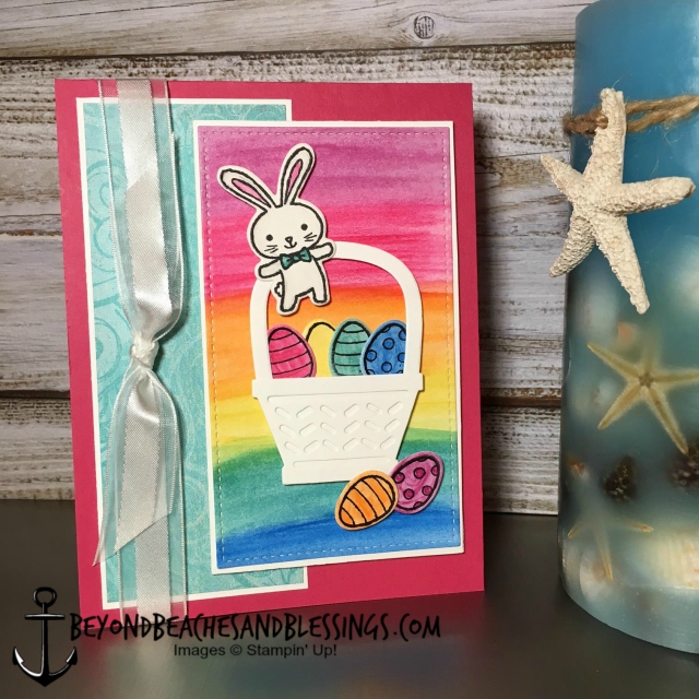 Stampin Up, CAS, Easter Card, Basket Bunch Stamp Set, Basket Builder Framelits Dies, Cupcakes & Carousels Designer Series Paper Stack, Watercolor Pencils, designed by Demo Lynn Tague, See more cards and gifts ideas at BeyondBeachesandBlessings.com #BeyondBeachesandBlessings