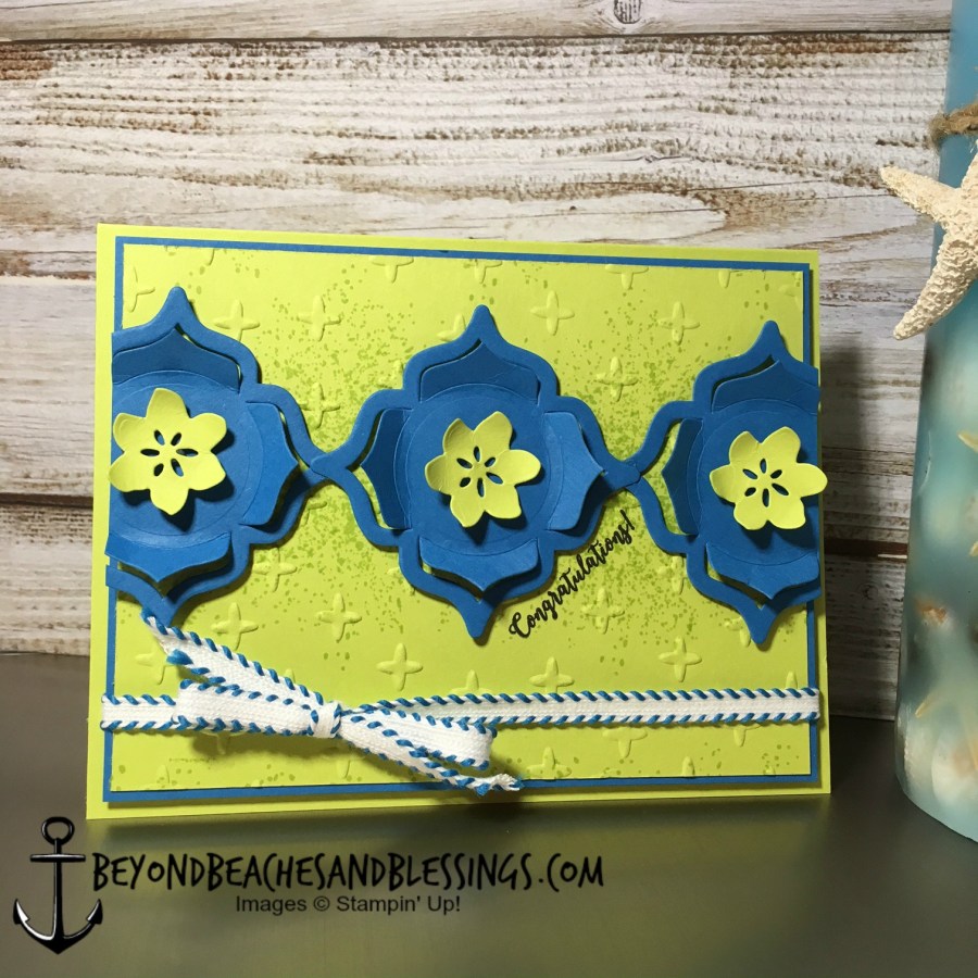 Stampin Up, CAS, Congratulations Card, Colorful Seasons Stamp Set, Lemon Lime Twist, Pacific Point, Eastern Medallions Thinlits, Seasonal Layers Thinlits, Sparkle TIEF, designed by Demo Lynn Tague, See more cards and gifts ideas at BeyondBeachesandBlessings.com #BeyondBeachesandBlessings